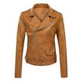 Lovskoo 2024 Women Faux Leather Jacket Moto Biker Coat Trendy Jacket Solid Long Sleeve Zipper Pocket Classic Asymmetrical Motorcycle Jacket Standard Outerwear Tops Short Coat Brown