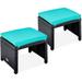 Set of 2 Wicker Ottomans Multipurpose Outdoor Furniture for Patio Backyard Additional Seating Footrest Side Table w/Removable Cushions Steel Frame - Black/Teal