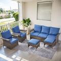 PARKWELL 5-Piece Outdoor Sectional Sofa Set with 3-Seat Sofa 2 Cushioned Lounge Chairs and 2 Ottoman Seat Foot Rest Rattan Wicker Conversation Furniture Sets Navy