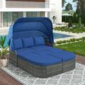 Patio Daybed with Retractable Canopy All-Weather Rattan Wicker Conversation Set Outdoor Sunbed with Curtains and Storage Ottoman Patio Furniture Sets for Garden Backyard Lawn Blue