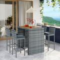 Soges 5-pieces Outdoor Patio Wicker Bar Set Bar Height Chairs with Removable Cushion Acacia Wood Table Top Gray