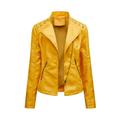 Lovskoo 2024 Women Faux Leather Jacket Moto Biker Coat Trendy Lapel Zip Biker Short Punk Cropped Tops Asymmetrical Motorcycle Jacket Standard Outerwear Short Coat Yellow