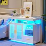 NLIBOOMLife LED Sideboard Buffet Cabinet with Modern White Coffee Cabinet with Charging Station High Gloss Kitchen Cabinet with Auto Sensor 24-Color Lights for Dinning Room