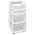 MOWENTA Clear Plastic 4 Drawer Medium Home Organization Storage Container Tower w/2 Large and 2 Small Drawers and Removeable Caster Wheels White Frame