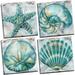 Coastal Wall Art Conch Wall Bathroom Decor Teal Vintage Beach Shell Canvas Prints Pictures Home Decoration 16x16 4Pcs/Set Rustic Watercolor Starfish Poster Painting Modern Spa Bedroom Framed Artwork