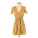 Xhilaration Casual Dress - Mini V-Neck Short sleeves: Yellow Print Dresses - Women's Size Small