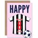Football Fan 8th Happy Birthday Card for Boys Girls Black White Striped Jersey Football Top on Pink Background
