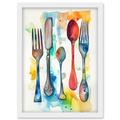 Cutlery Forks Spoons And Knife Watercolour Painting Artwork Framed Wall Art Print A4
