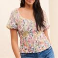 Anthropologie Tops | Anthropologie Aurelia Floral Smocked Puff Sleeves Top Size Medium | Color: Pink/Yellow | Size: M