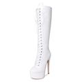 THOYBMO Women's Mid Calf Boots Patent Leather Platform Stiletto Boots Round Head Lace Up Side Zip Knee High Boots Pump Formal Dress for Casual Travel,White,37