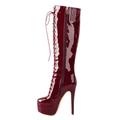 THOYBMO Women's Mid Calf Boots Patent Leather Platform Stiletto Boots Round Head Lace Up Side Zip Knee High Boots Pump Formal Dress for Casual Travel,Red,43