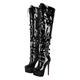 blingqueen Women's Platform Thigh High Boots with Zipper Stiletto Heel Over The Knee High Boots Lace Up Punk Motorcycle Boots Buckles Chains Rivets Ornamented Long Shaft Sock Boots Black Size 5