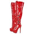 blingqueen Women's Platform Thigh High Boots with Zipper Stiletto Heel Over The Knee High Boots Lace Up Punk Motorcycle Boots Buckles Chains Rivets Ornamented Long Shaft Sock Boots Red Size 11