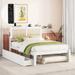 Full Size Elegant Platform Bed with Rattan Headboard and Sockets, Versatile Wooden Bed Frame w/2 Drawers & Pull-Out Bed, White