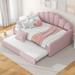 Full Upholstery Daybed w/Trundle for Adult/Kid, Solid Wood Bedframe w/Velvet Shall Shaped Backrest, No Spring Box Needed, Pink