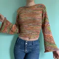 Haut court à manches longues pour femmes pull en tricot au crochet chemises patchwork streetwear