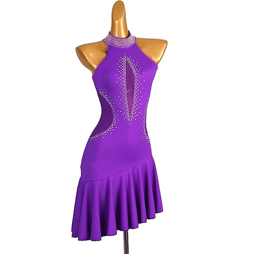 Kleid für Tanz, Salsa, lateinamerikanischer Tanz, Falten, reine Farbe, Spleißen, für Damen, Performance-Training, ärmellos, Chinlon, Spandex Image