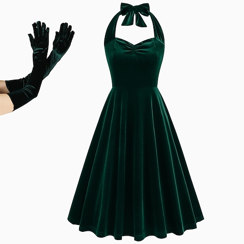 Retro Vintage 1950er Midlänge Swing-Kleid Ausgestelltes Kleid Ärmellos Neckholder Kostüm Damen Maskerade Alltagstauglich Party / Cocktail Junggesellinnenabschiedsparty Erwachsene Kleid Handschuhe Image