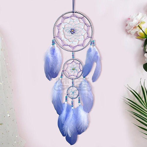 Blauer Traumfänger, handgefertigt, Geschenk, Federhaken, Blume, Windspiel, Ornament, Wandbehang, Dekor, Kunst, Boho-Stil, 69 x 16 cm/27'' x 6,3'' Image