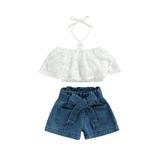 Valentines Outfits for Toddler Girls Solid Color Lace Crochet Halter Neck T-Shirt + Waist Belt Decoration Denim Shorts