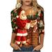 Deals of the Week ! BVnarty Round Neck Shirts For Women Slouchy Oversized Pullover Fall Tops 3D Santa Claus Printing Womens Tops Dressy Casual 3/4 Sleeve Xmas Red XL