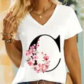 2024 moda estate donna rosa Sakura alfabeto t-Shirt nera lettera stampa Femme abbigliamento scollo a