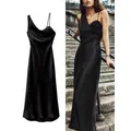 TRAF Women's New V-Neck Asymmetric Lace Trimmed Silk Satin Dress Fashion Sexy Backless Sleeveless