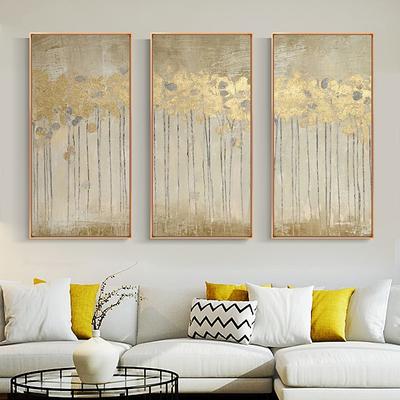 3 Panels Big size Best Hand Painted Wall art Picture Abstract gold leaves landscape for Living room home decor no framed