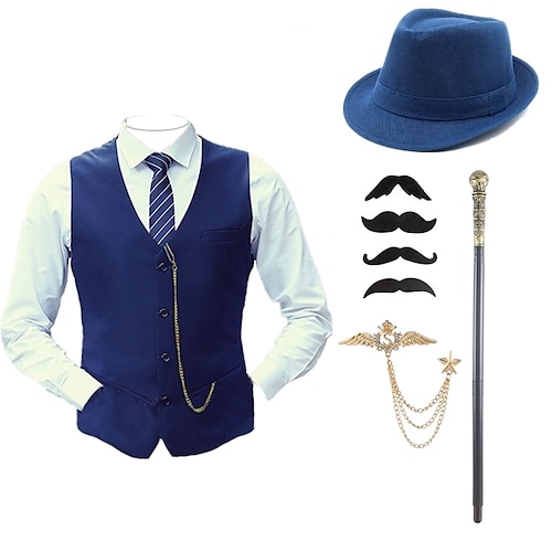 Herren 1920er Gangster Outfit Weste mit Zubehör Set 5 Stück Retro Vintage Roaring 20s Motto Party Cosplay Kostüm Panama Hut Bart Brosche Stock Image