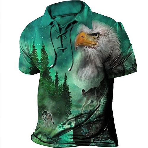 Herren Baum Grafik-Drucke Adler Poloshirt Golfhemd Kurzarm Hemd Umlegekragen Outdoor Strasse Hellgrün Rote Blau Purpur Grün Kordelzug Bedruckt Bekleidung Sport Modisch Strassenmode Designer Image