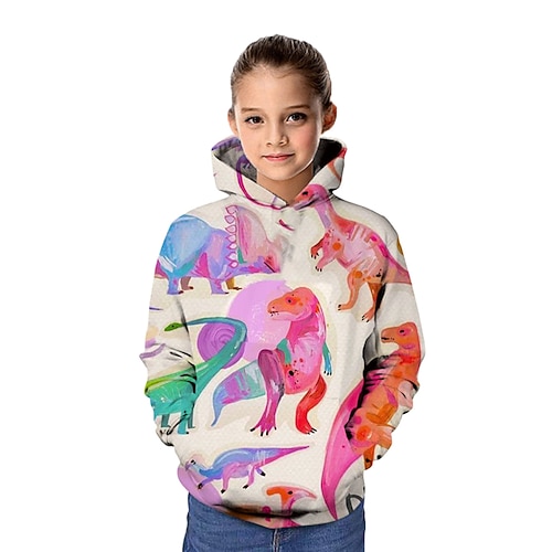 Zurück zur Schule Mädchen 3D Dinosaurier Kapuzenshirt Langarm 3D-Druck Frühling Herbst Winter Aktiv Basic kinderkleidung 3-12 Jahre Schulanfang Outdoor Täglich Image