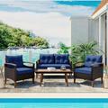 Patio Conversation Sofa Set of 4 Sectional Chairs Set with Wood Coffee Table and Blue Cushions Outdoor All Weather PE Wicker Furniture Set for Backyard Pool Deck Garden