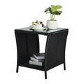 Outdoor Patio Wicker Side Table Square End Table Bistro Coffee Table with Glass Top Storage Shelf for Porch Garden Backyard Black