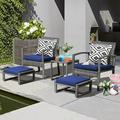 5 Pieces Wicker Outdoor Patio Chairs Set with Ottoman & Coffe Table Patio Conversation Furniture Set with Ottoman Underneath Balcony Furniture Set with Rattan Chairs (Navy Blue)