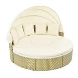 Patio Round Daybed with Retractable Canopy Outdoor Rattan Wicker Sectional Sofa Conversation Furniture Set with Height Adjustable Coffee Table Separate Seating and Removable Cushion Beige
