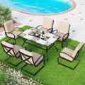 Patio Dining Set for 4 Outdoor Furniture Square Bistro Table with 1.57 Umbrella Hole 4 Spring Motion Chairs with Cushion Beige for Backyard Garden Lawn