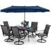 6 Pieces Outdoor Dining Set with Umbrella Patio Furniture Set with 4 Sling Dining Swivel Chairs 1 x 37 Wood-Like Table and 1 x 10ft 3 Tiers Umbrella (Beige)