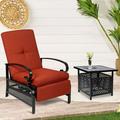 SUNCROWN Outdoor Patio Adjustable Cushioned Recliner Lounge Chair Set with Coffee Square Side Table Red