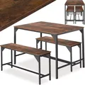 Tectake Kitchen Table Set Bolton Inc. 1X Table & 2X Benches - Dining Table And Chairs Kitchen Table - Industrial Wood Dark Rustic