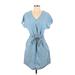 Marine Layer Casual Dress - Mini V Neck Short sleeves: Blue Solid Dresses - Women's Size X-Small