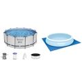 Bestway Steel Pro MAX Frame Pool Komplett-Set mit Filterpumpe Ø 366 x 122 cm, lichtgrau, rund & Flowclear™ quadratische Bodenplane, 396 x 396 cm, für Aufstellpools bis Ø 366 cm, blau