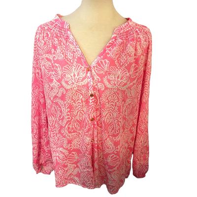 Lilly Pulitzer Tops | Lilly Pulitzer Elsa Button Down Havana Pink Clawdia Blouse Top Long Sleeve Large | Color: Pink/White | Size: L