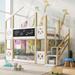 Twin over Twin House Bunk Bed with White Storage Staircase and Blackboard, Floor Bunk Bed Frame with Storage Shelves & Guardrail