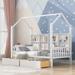 Wooden Twin Size House Bed with 2 Drawers and Storage Shelf, Playhouse Design