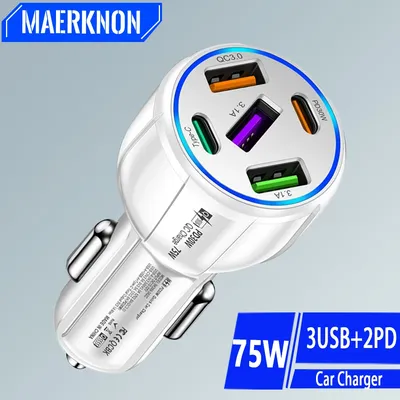 75W 5 Ports USB Car Charger PD Type C Fast Charging Phone Charger In Car For iPhone Xiaomi Samsung Huawei USB Car Phone Adapter