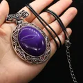 Natural Stone Onyx Necklace Antique Silver Color Polished Purple Crystal Opal Necklace for Women