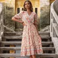 Robe mi-longue pour femmes nouvelle mode printemps et été 2022 manches courtes col rond Bandage