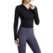 Women s Workout Long Sleeve Jackets 1/2 Zip Pullover Yoga Crop Tops Slim Fit Running Top with Thumb Holes Black Small