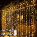 Outdoor Christmas Window Lights 3x3M-300LED Plug in 8 Modes Curtain Light 9 Colors Remote Control Window Wall Hanging Light Warm White RGB for Christmas Decorations Bedroom Wedding Party Garden Indoor