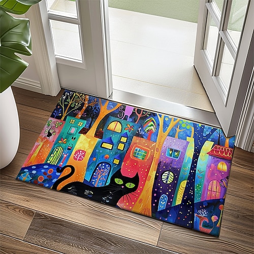 Fußmatte mit bunten Häusern, waschbare Teppiche, Küchenmatte, rutschfester, ölbeständiger Teppich, Innen- und Außenmatte, Schlafzimmer-Dekoration, Badezimmermatte, Eingangsteppich Image